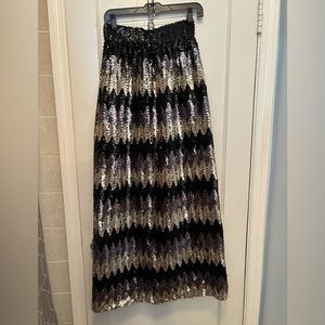 80s VTG JACK BRYAN Black Gold Sequined Maxi Skirt